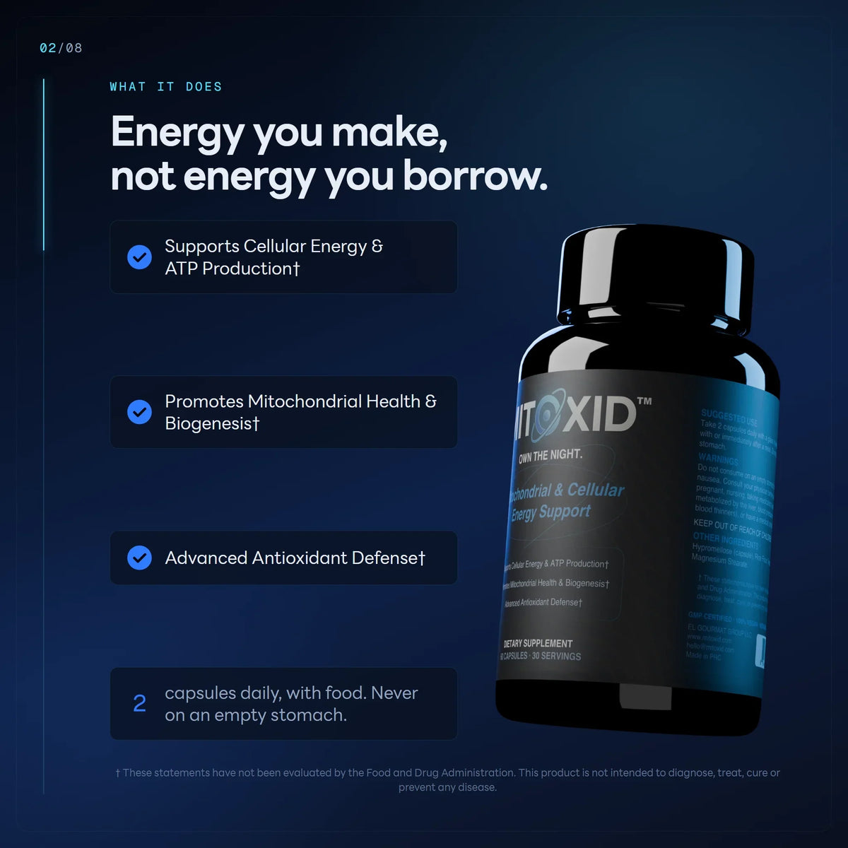Supports cellular energy and ATP production. Promotes mitochondrial health and biogenesis. Advanced antioxidant defense. Two capsules daily with food