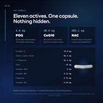 Eleven actives, one capsule: PQQ 5.8mg builds mitochondria, CoQ10 40.5mg runs them, NAC 203.1mg protects them, plus eight more with exact doses