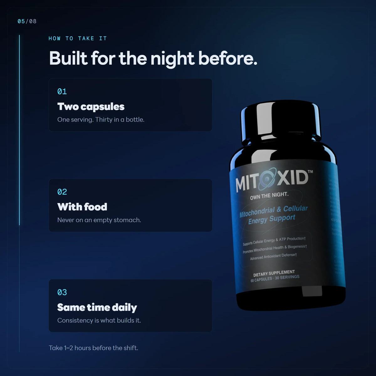 How to take Mitoxid: two capsules, with food, same time daily, one to two hours before the shift