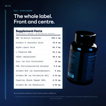 Mitoxid Supplement Facts panel listing all eleven actives and doses