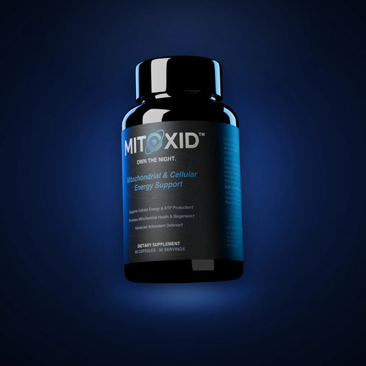 Mitoxid bottle floating on a midnight ground, front label