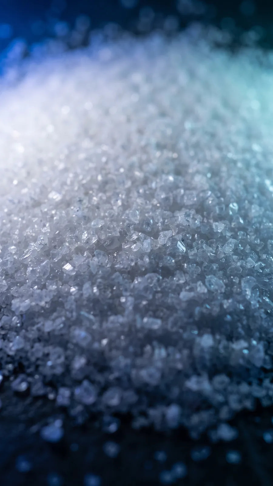 Macro of fine white crystalline powder under cool blue rim light