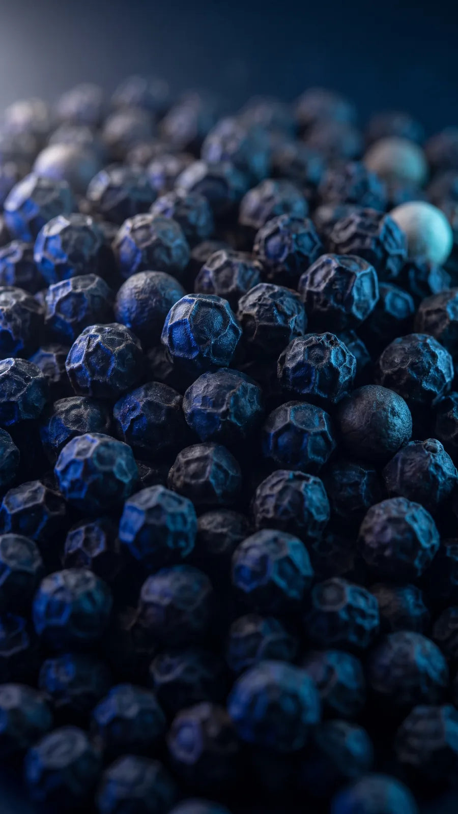 Macro of whole black peppercorns with a cyan rim on their ridges