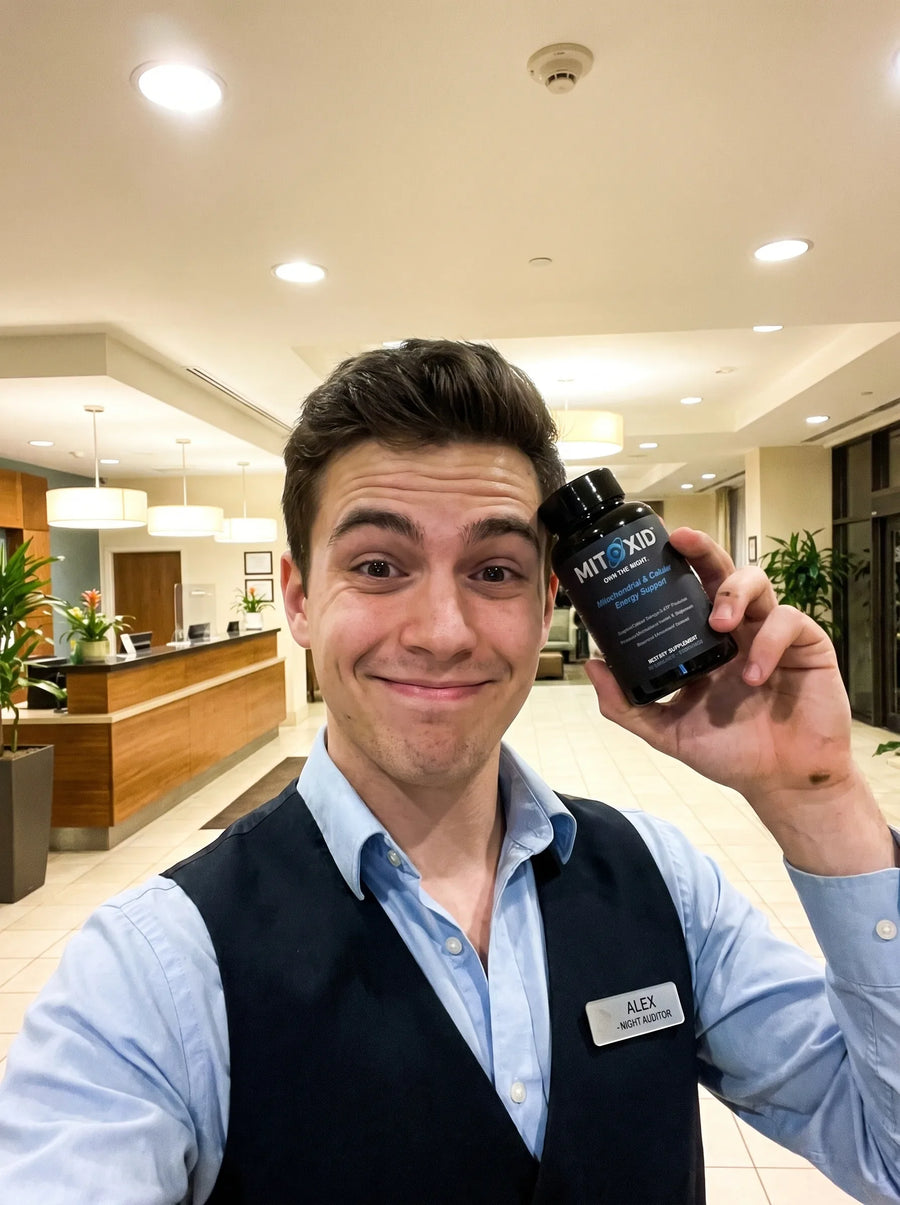 Customer photo: a hotel night auditor at the front desk holding the Mitoxid bottle