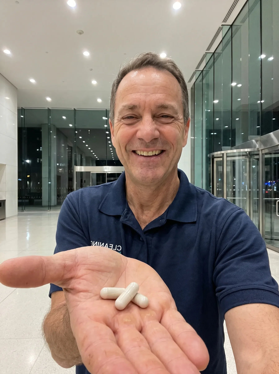 Customer photo: a cleaner in a lit glass lobby with Mitoxid capsules in his palm