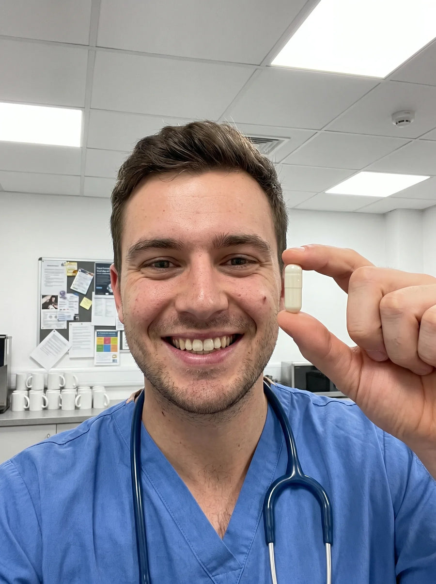 Customer photo: a junior doctor in the mess holding a single Mitoxid capsule