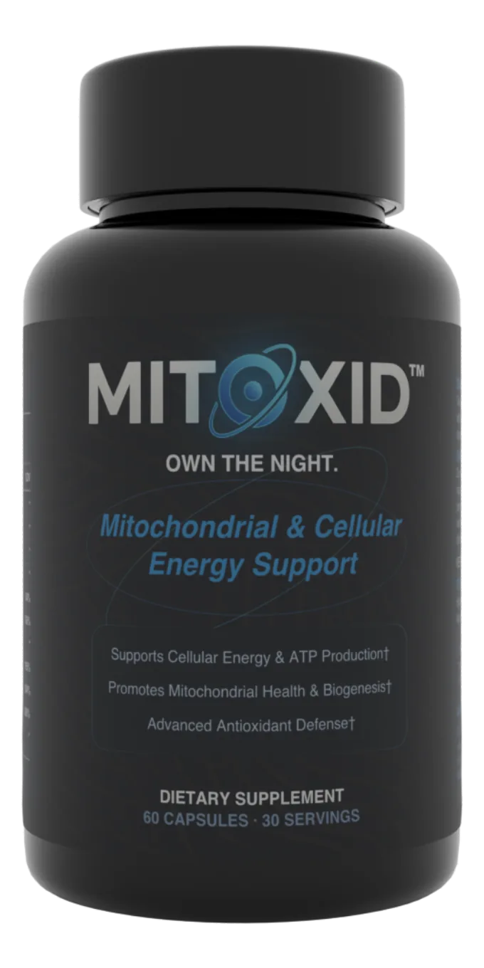 A Mitoxid bottle rotating slowly, label and supplement facts panel coming into view