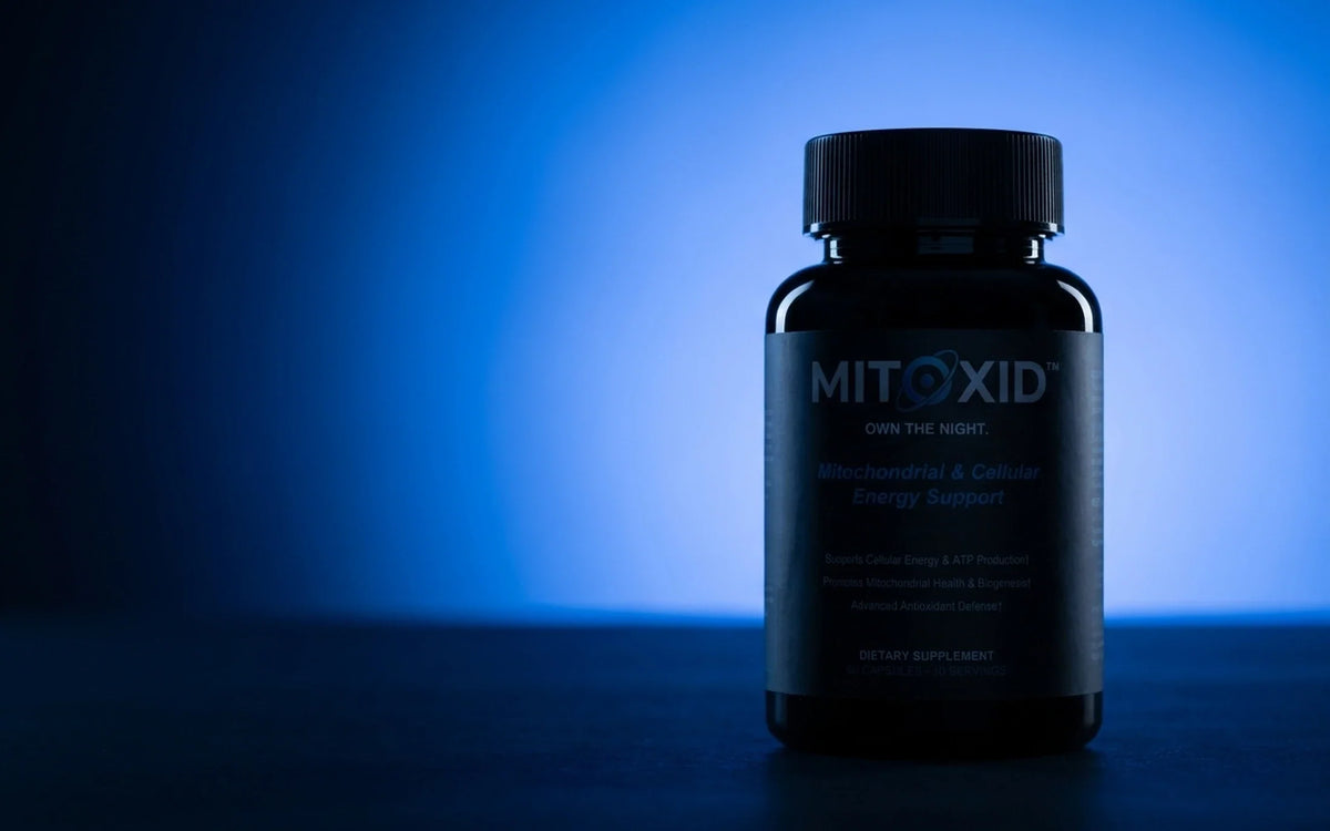 Mitoxid bottle lit against deep blue