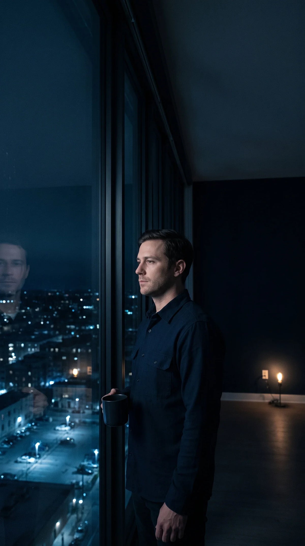A night-shift worker at a window at 3 AM, the sleeping city below